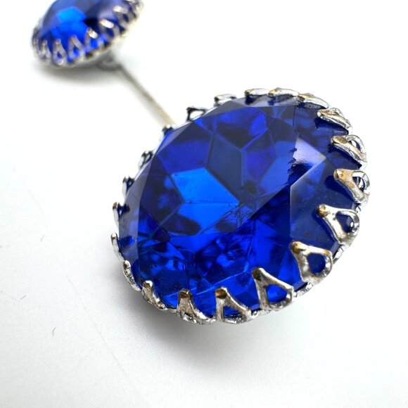 Blue Rhinestone Jabot Pin Brooch Mid Century 1950s Silver-Tone Vintage - Picture 1 of 10
